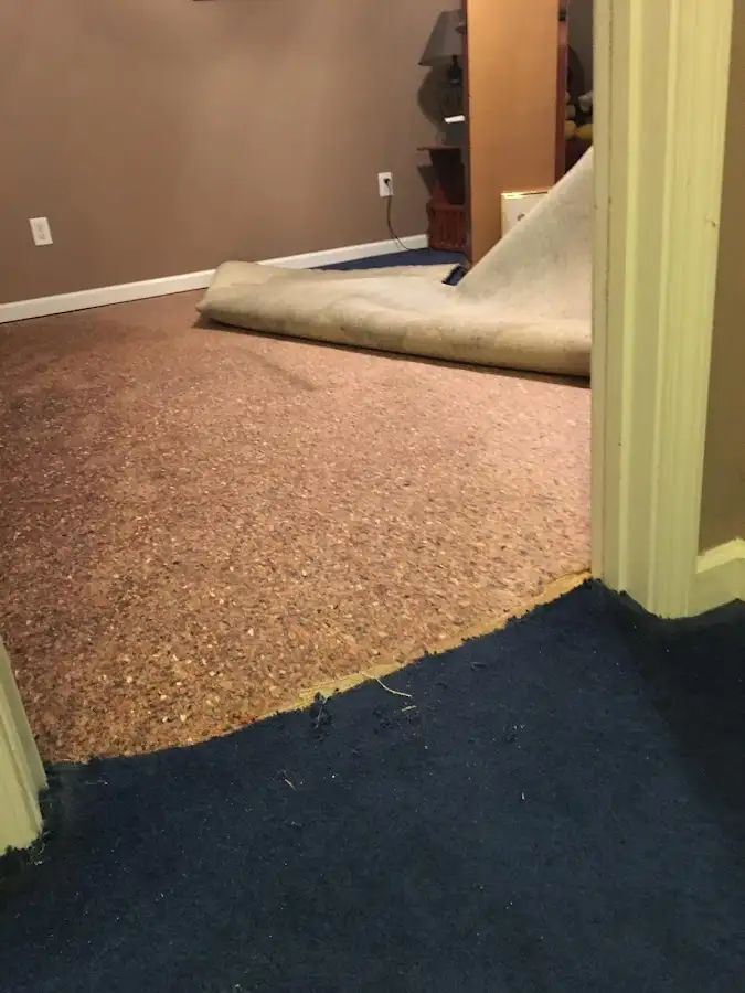 Carpet pad removal revealing water damage during Water Mitigation Services in East Lyme