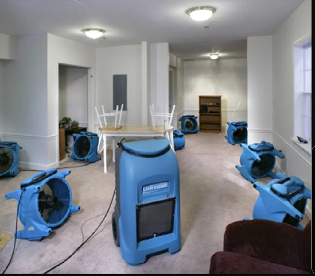 Air movers and dehumidifier setup for Water Damage Restoration in East Lyme